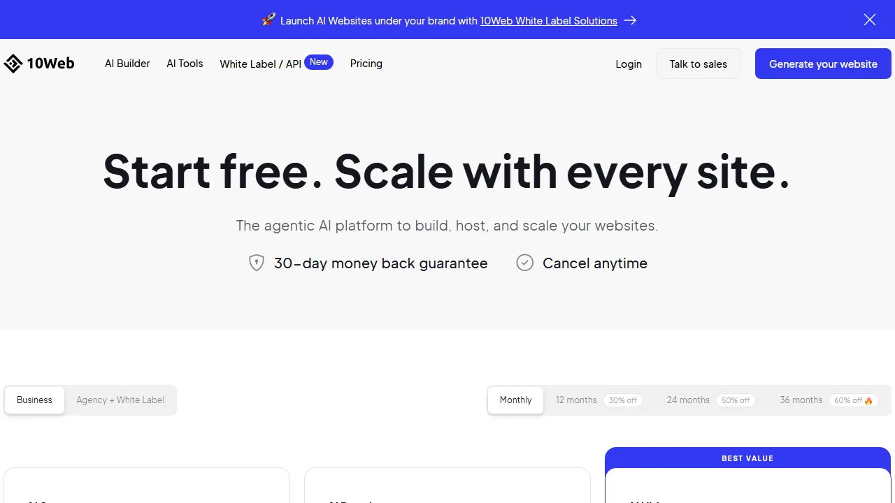 10Web pricing page: plans and rates