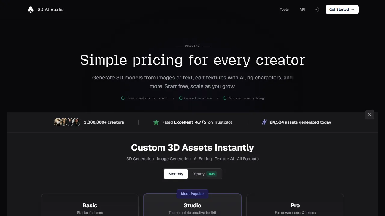 3DAI Studio pricing page: plans and rates