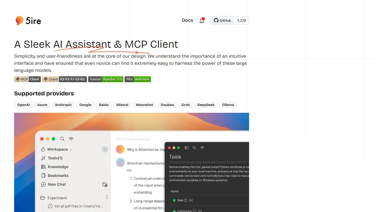 5ire MCP homepage, mcp & connectors AI tool