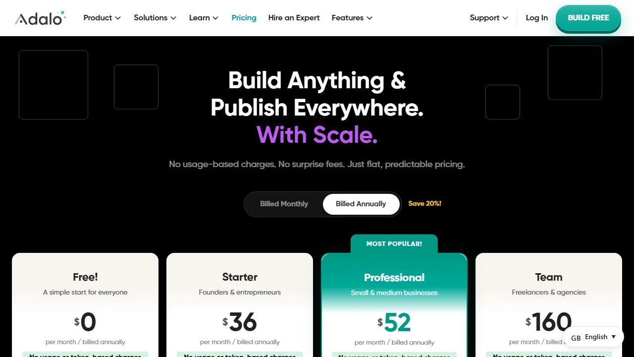 Adalo pricing page: plans and rates