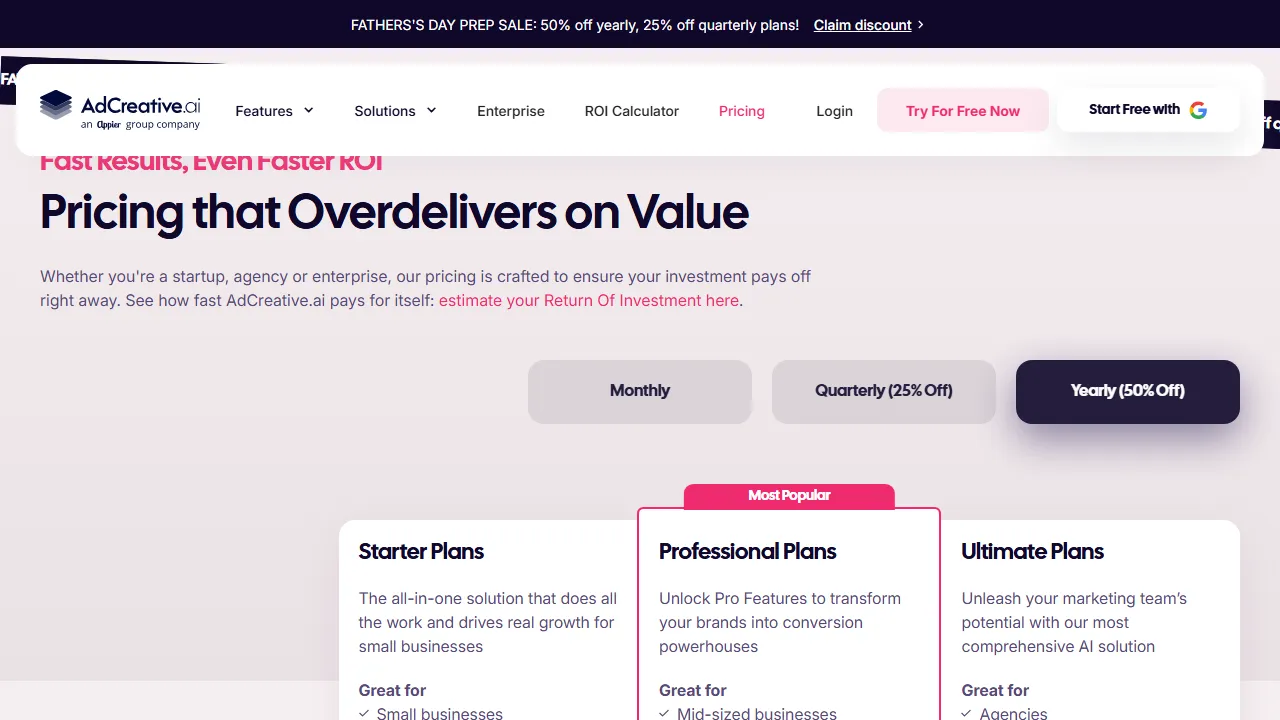AdCreative pricing page: plans and rates