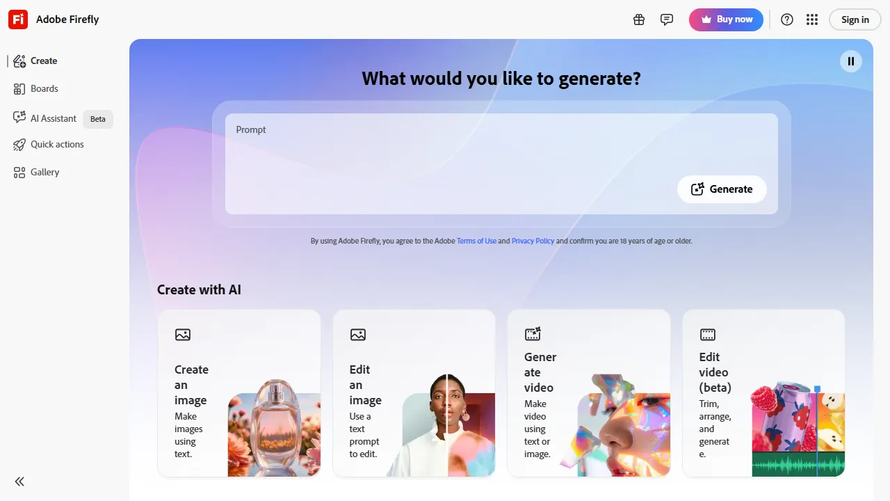 Adobe Firefly homepage, image AI tool