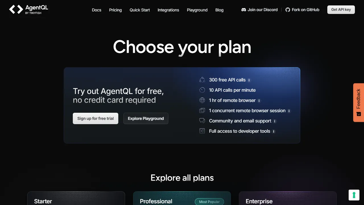 AgentQL pricing page: plans and rates