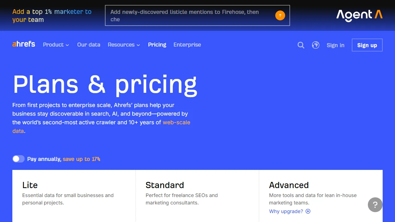Ahrefs pricing page: plans and rates