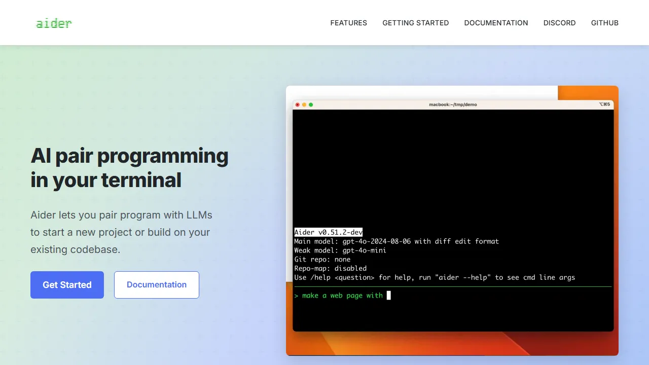 Aider homepage, code AI tool