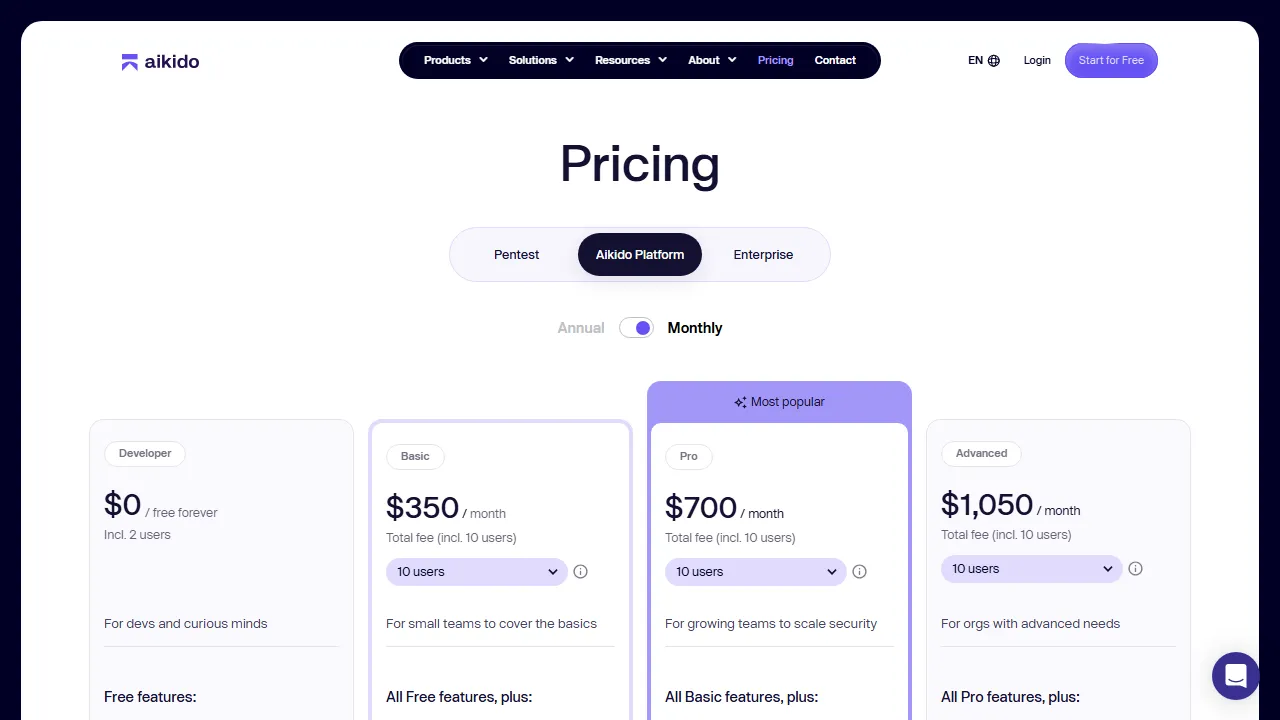 Aikido pricing page: plans and rates