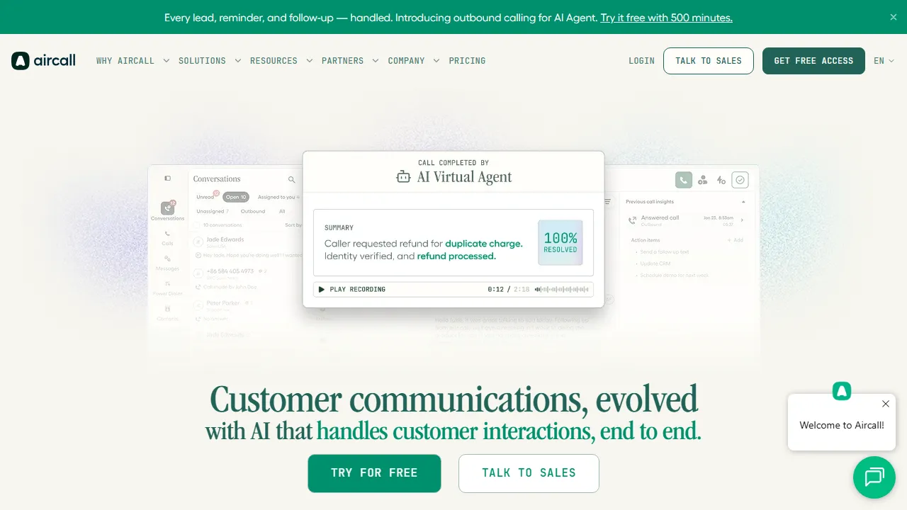 Aircall AI homepage, customer support & sales AI tool