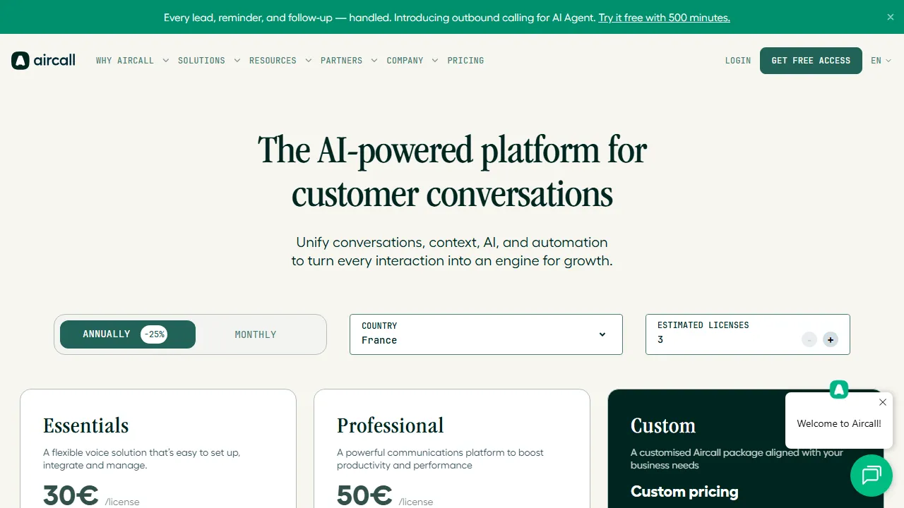 Aircall AI pricing page: plans and rates