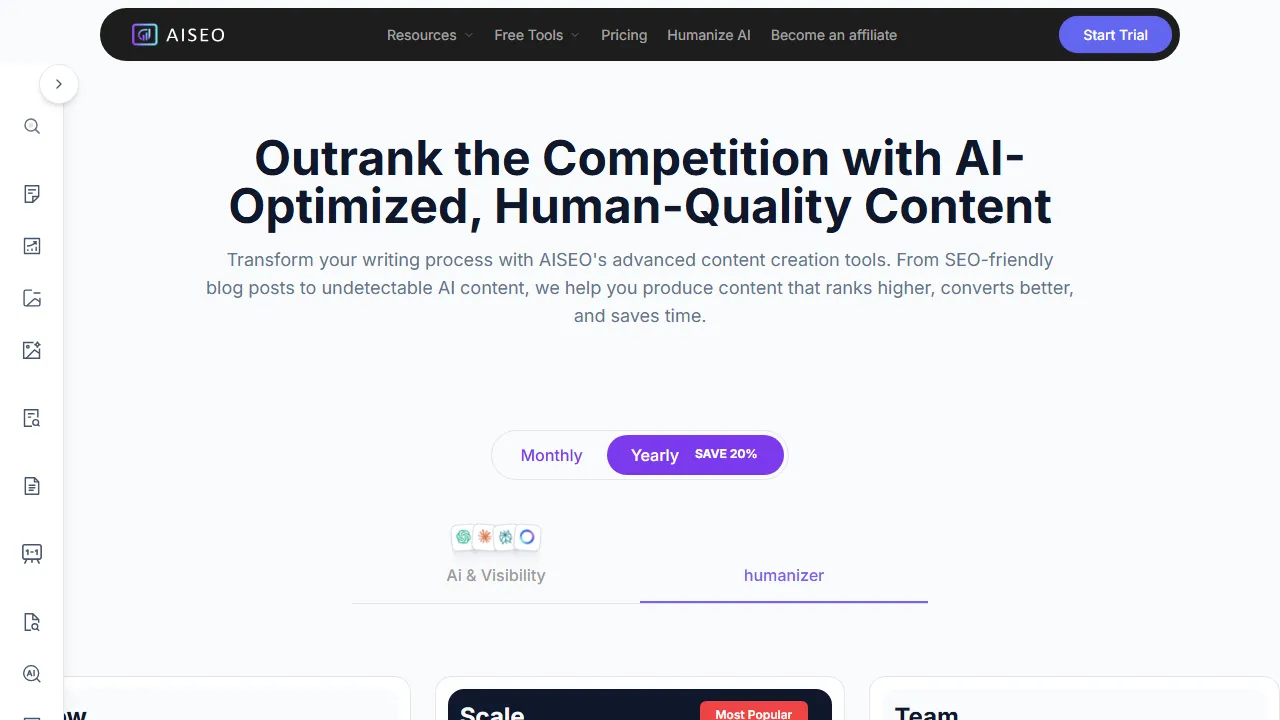AISEO pricing page: plans and rates