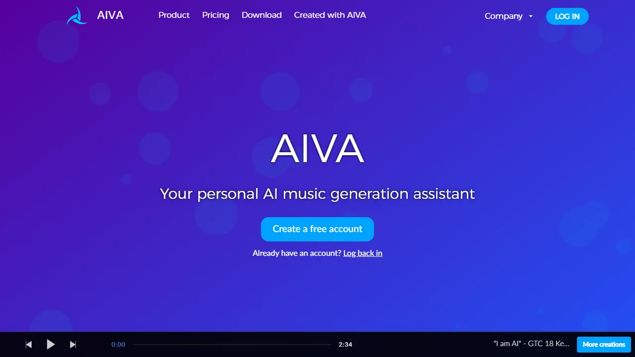 AIVA homepage, music AI tool