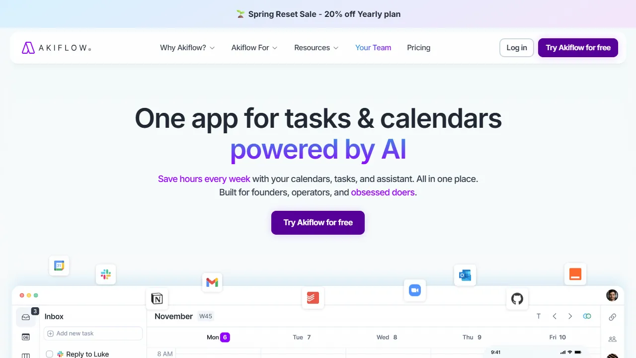 Akiflow homepage, productivity AI tool