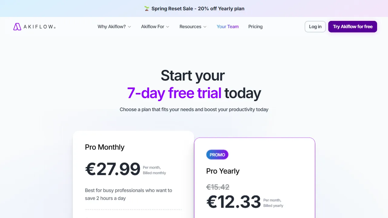 Akiflow pricing page: plans and rates