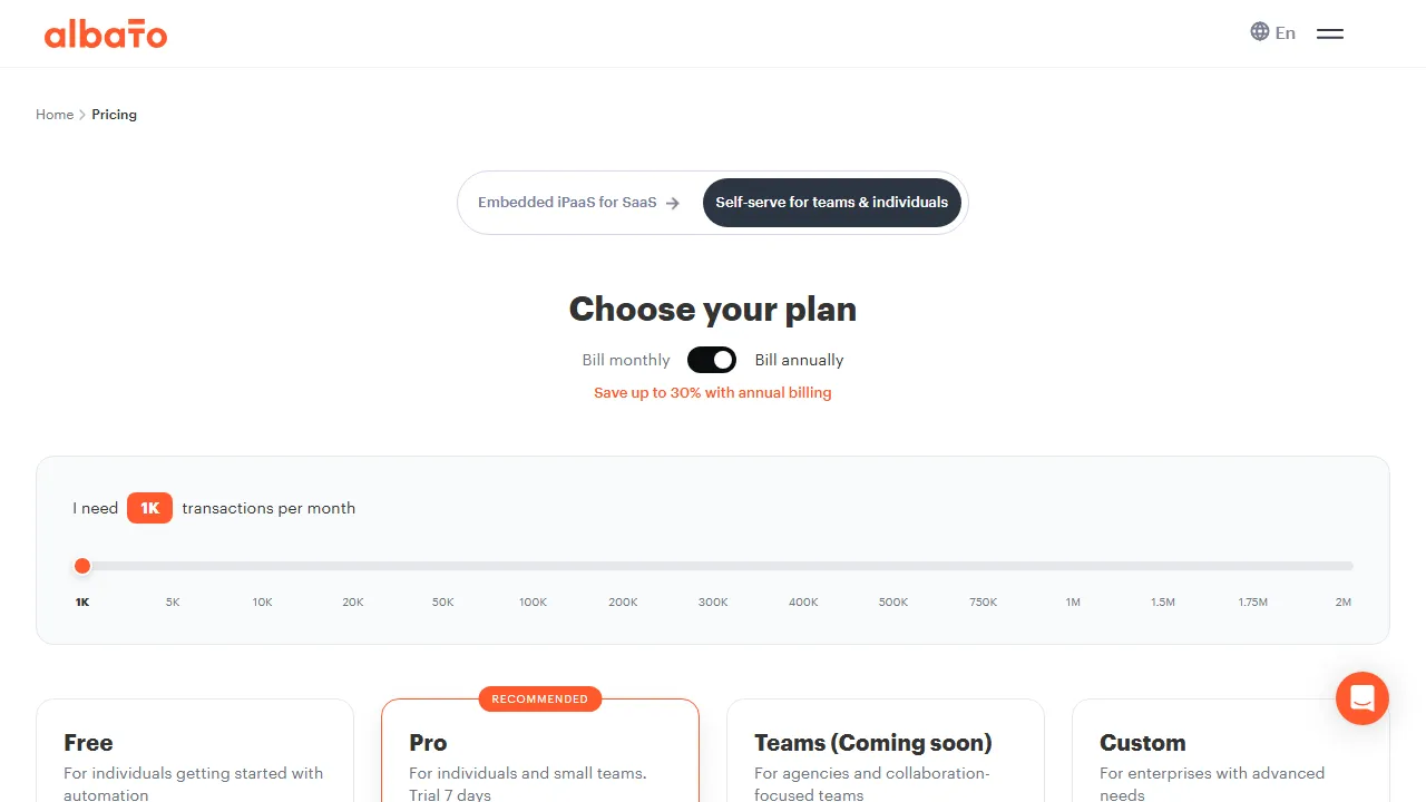 Albato pricing page: plans and rates