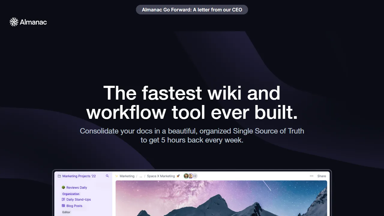 Almanac homepage, productivity AI tool