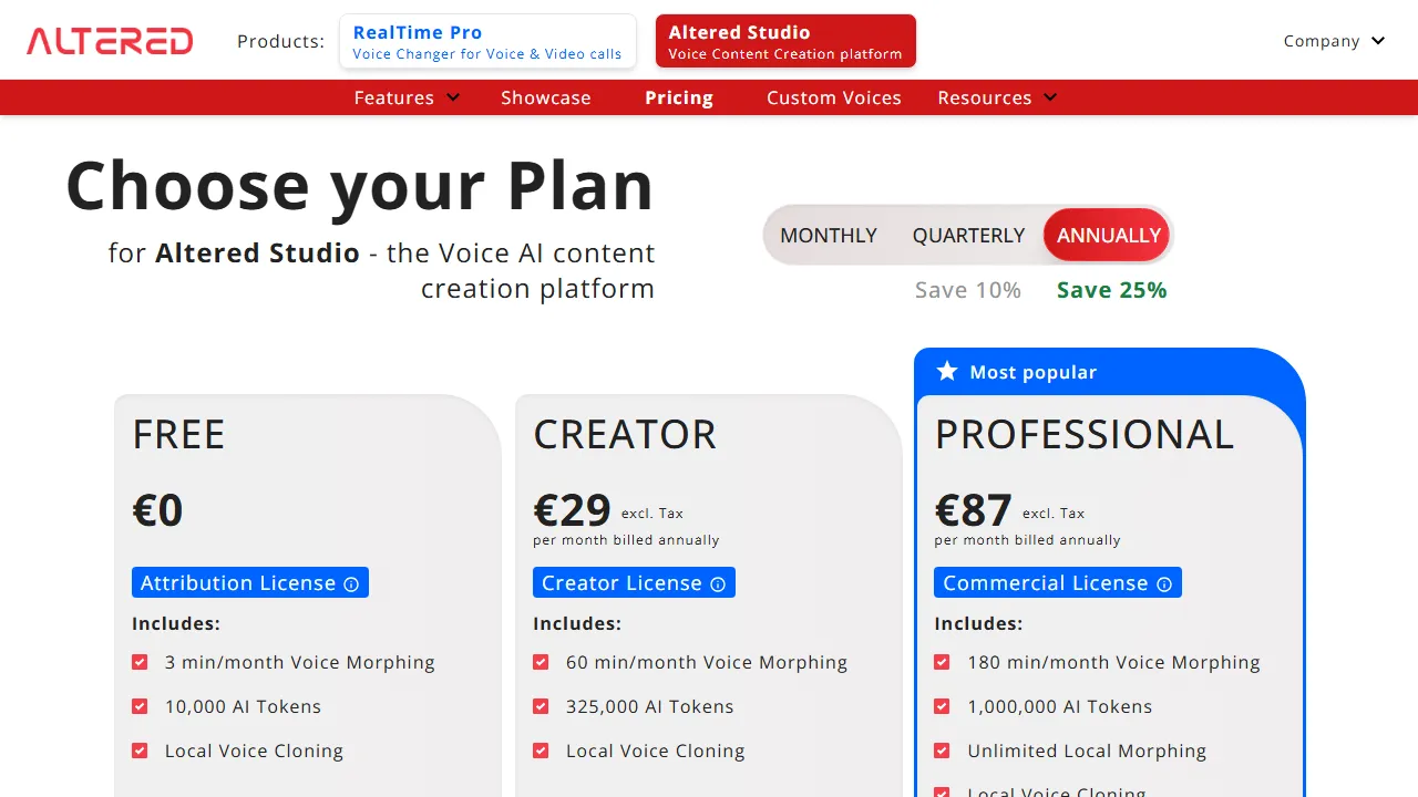 Altered Studio pricing page: plans and rates