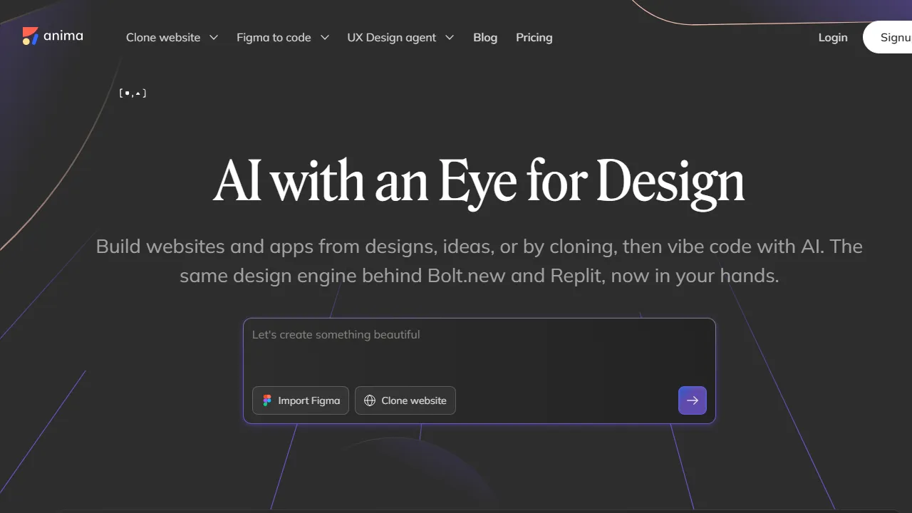 Anima homepage, code AI tool