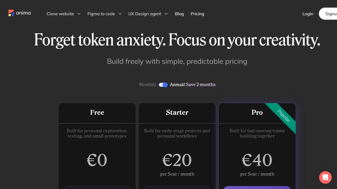 Anima pricing page: plans and rates