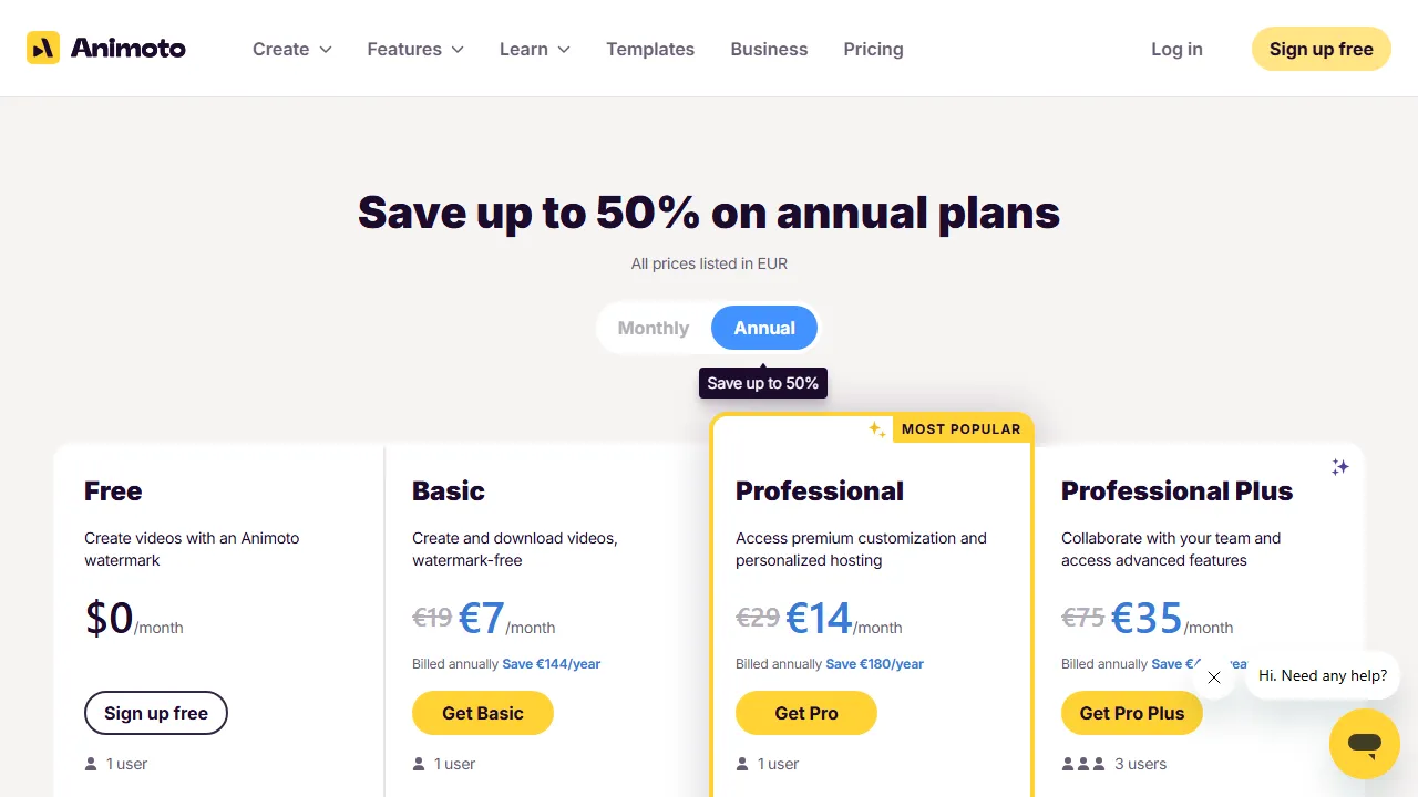 Animoto pricing page: plans and rates