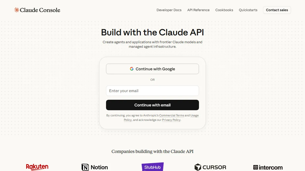 Anthropic Console homepage, code AI tool