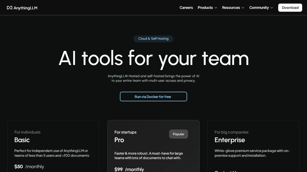 AnythingLLM pricing page: plans and rates