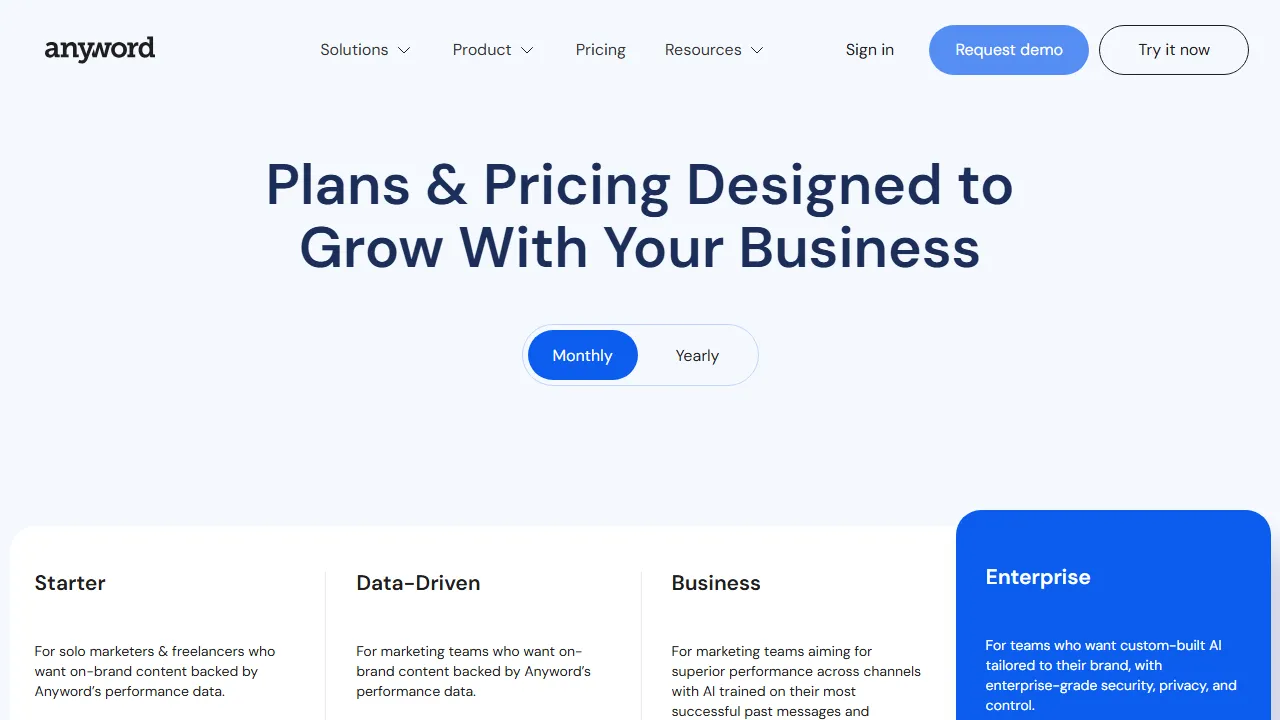 Anyword pricing page: plans and rates