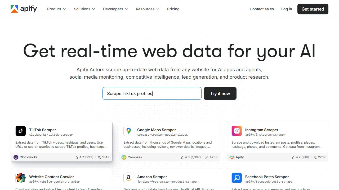 Apify homepage, automation AI tool