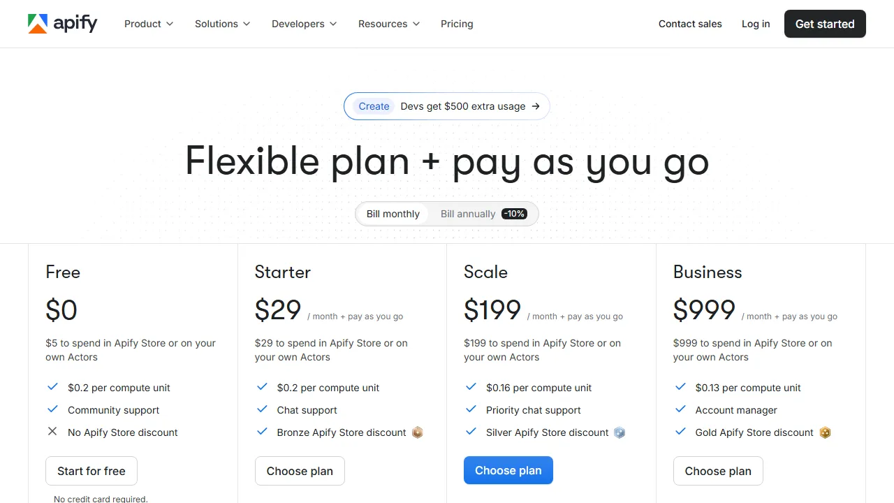 Apify pricing page: plans and rates