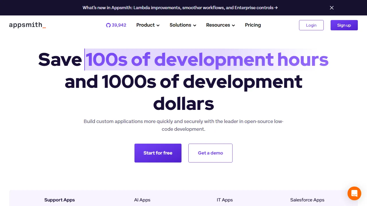 Appsmith homepage, no-code AI tool