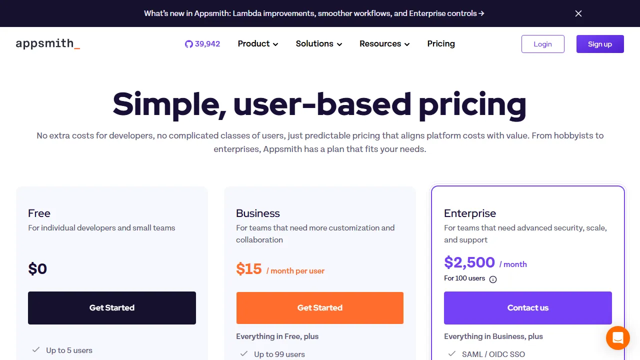 Appsmith pricing page: plans and rates