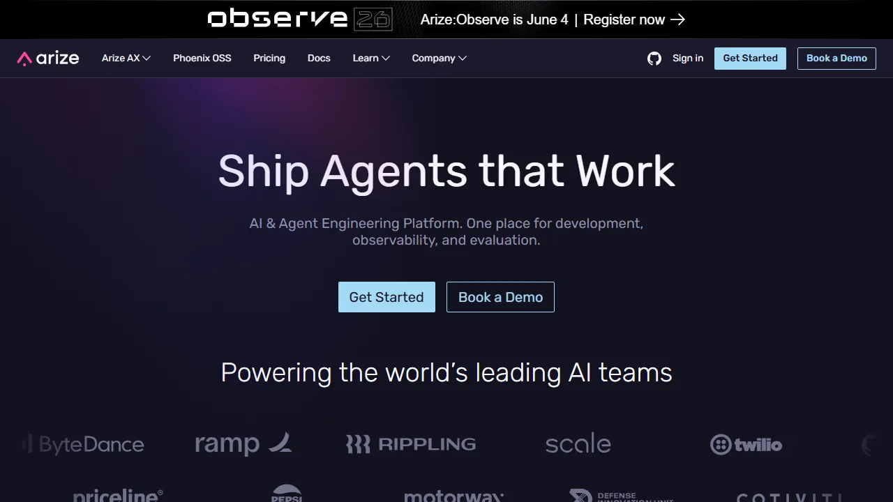Arize homepage, data & analysis AI tool