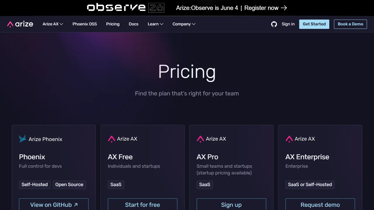 Arize pricing page: plans and rates