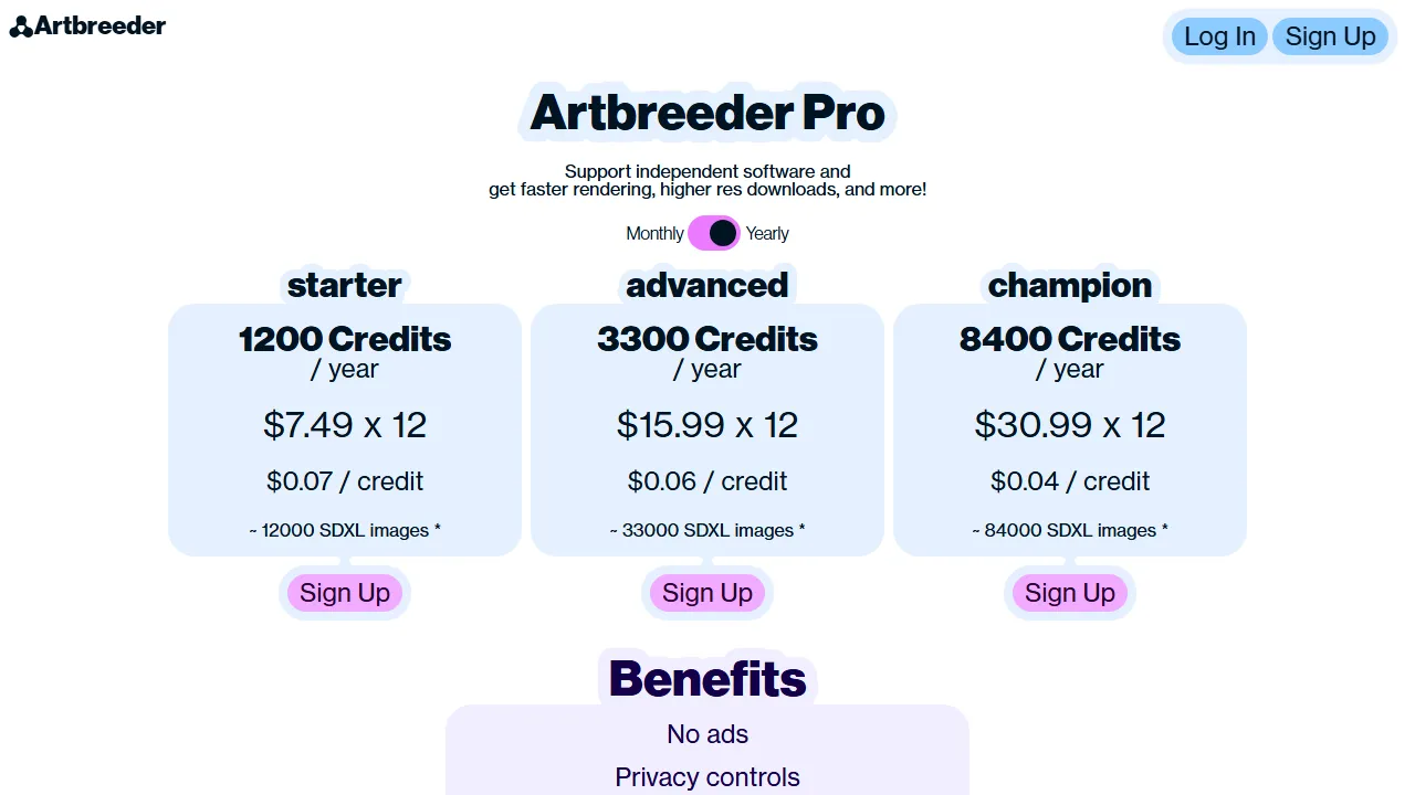 Artbreeder pricing page: plans and rates