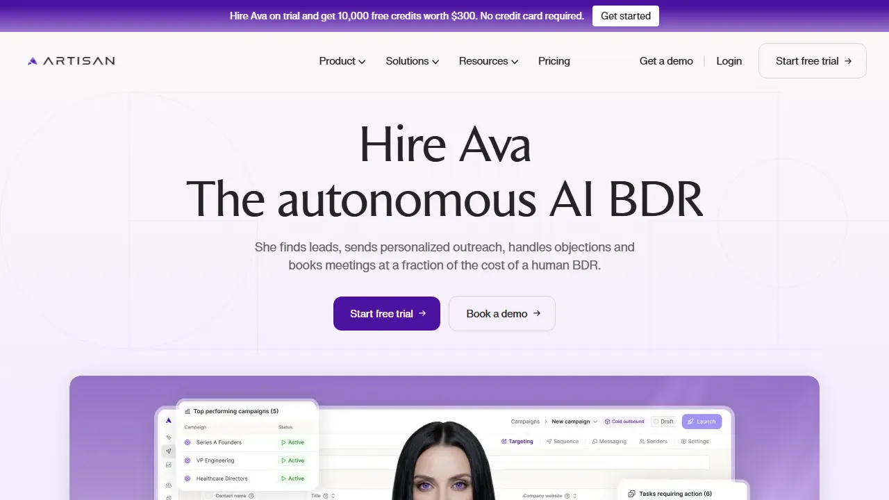 Artisan homepage, customer support & sales AI tool