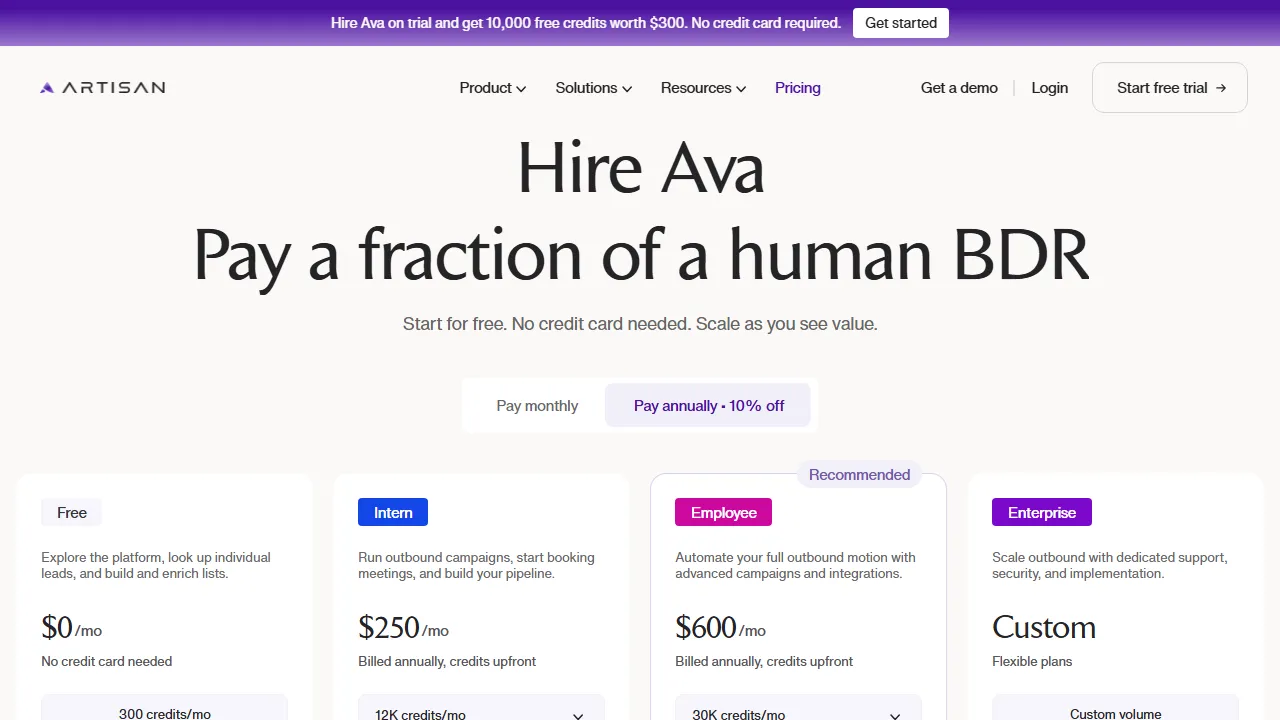 Artisan pricing page: plans and rates