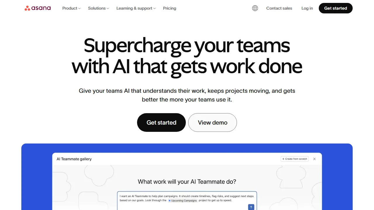 Asana AI homepage, productivity AI tool