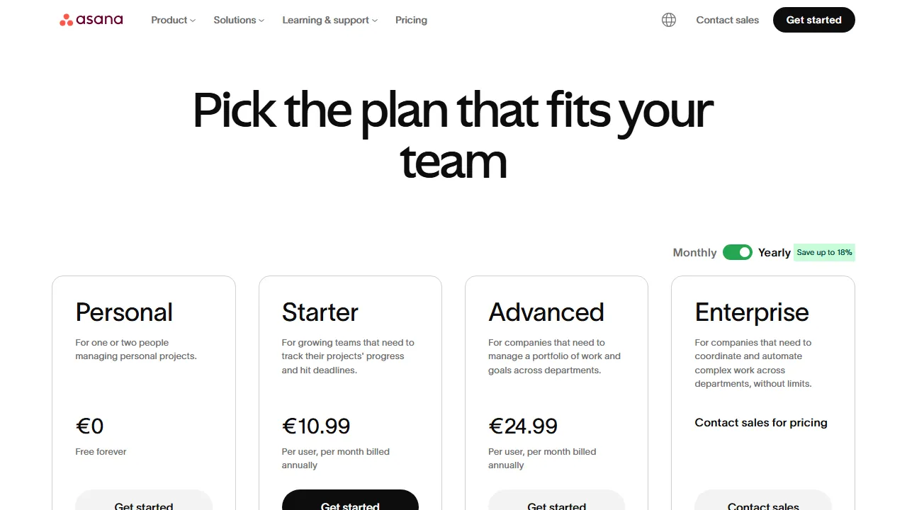 Asana AI pricing page: plans and rates