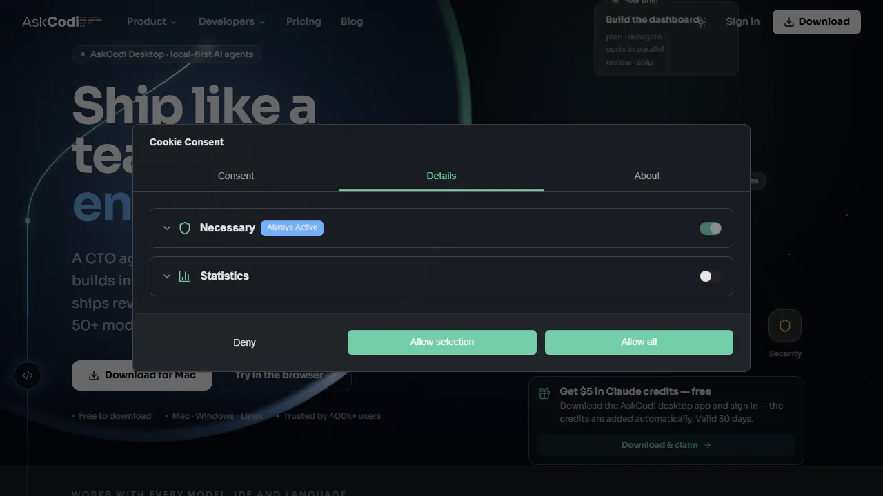 AskCodi homepage, code AI tool