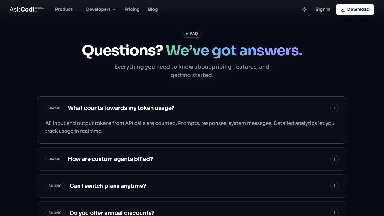 AskCodi pricing page: plans and rates