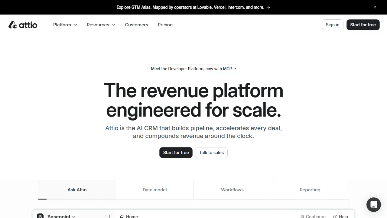 Attio homepage, customer support & sales AI tool