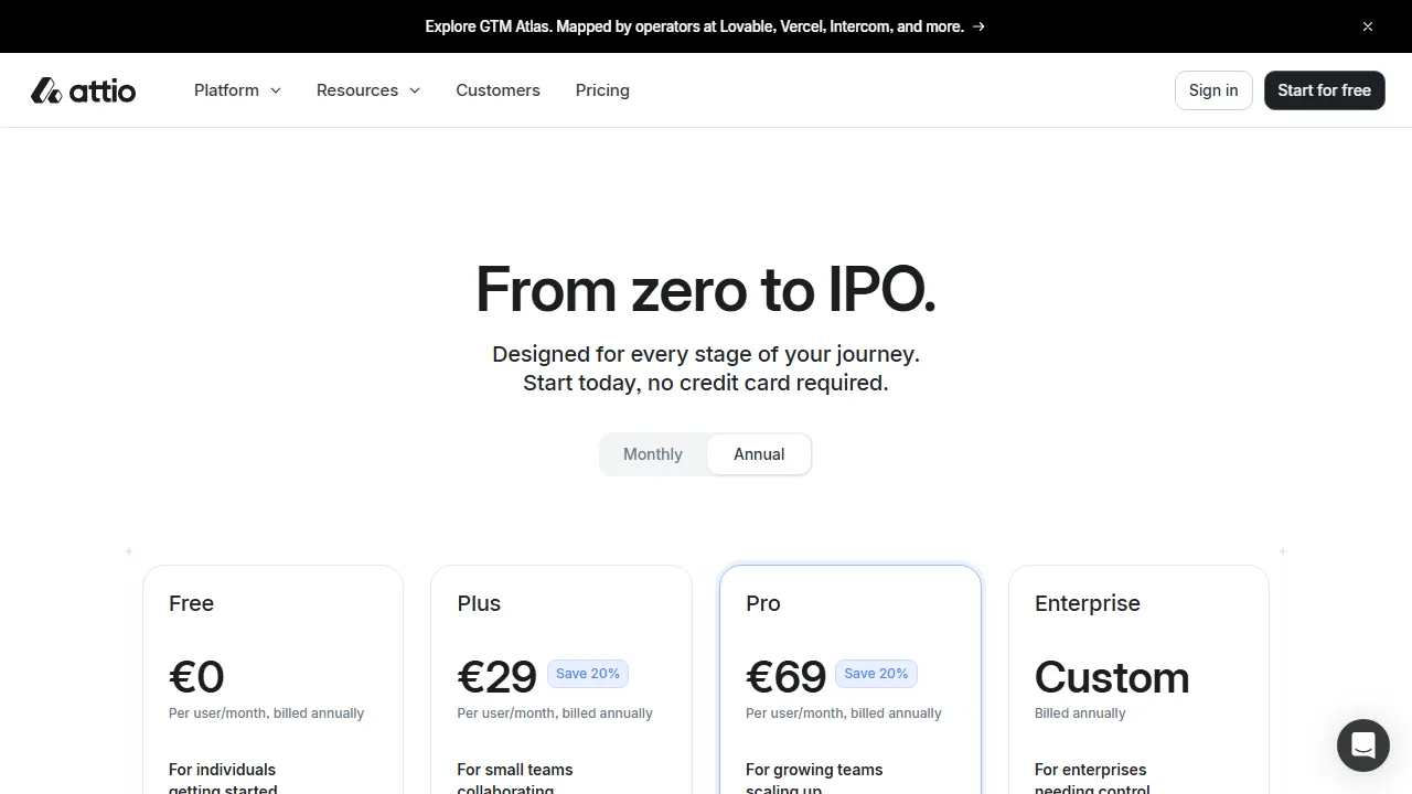 Attio pricing page: plans and rates