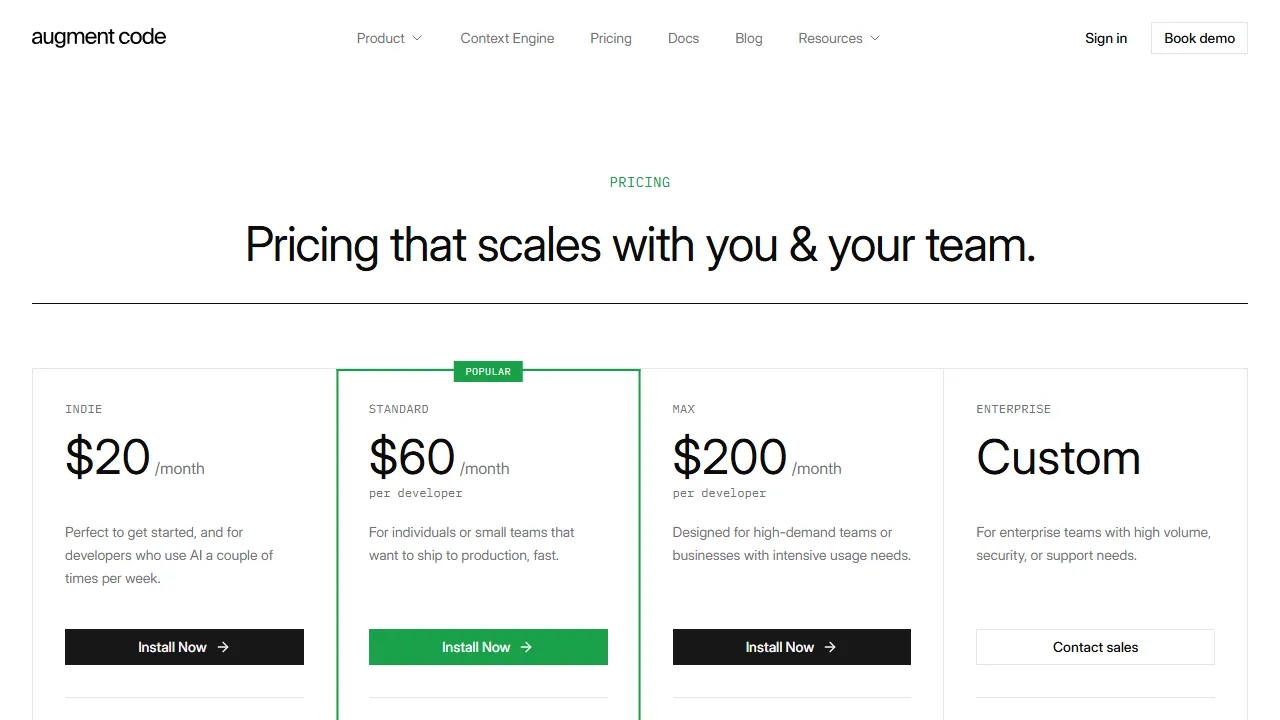 Augment Code pricing page: plans and rates