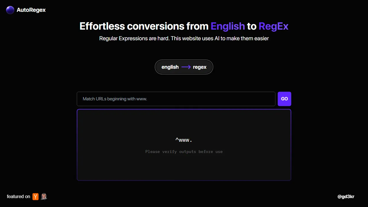 AutoRegex homepage, code AI tool