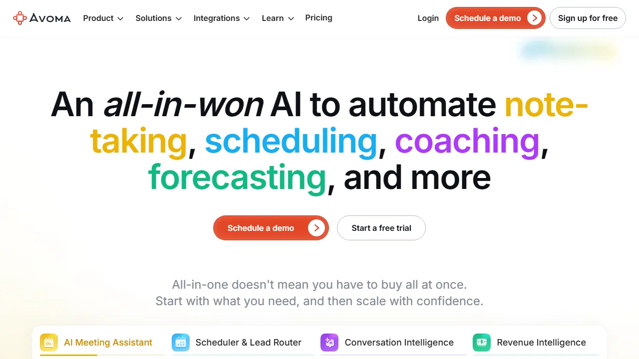 Avoma homepage, transcription & meetings AI tool