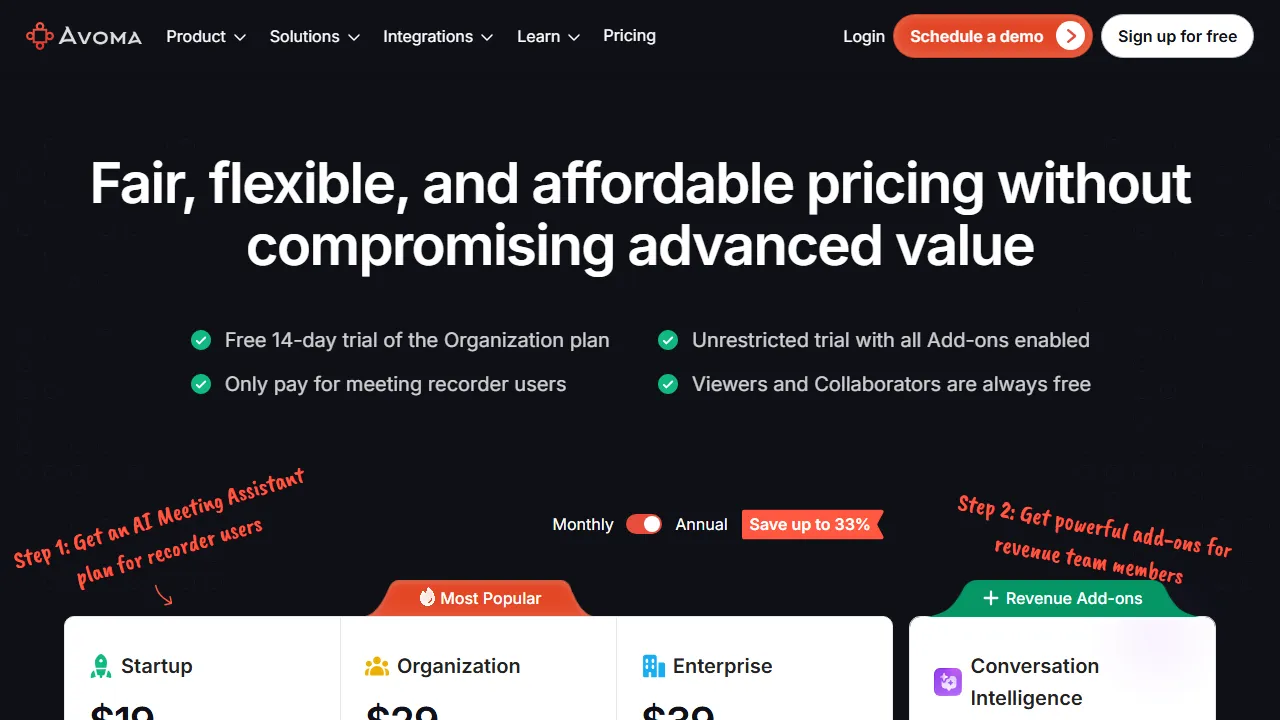 Avoma pricing page: plans and rates