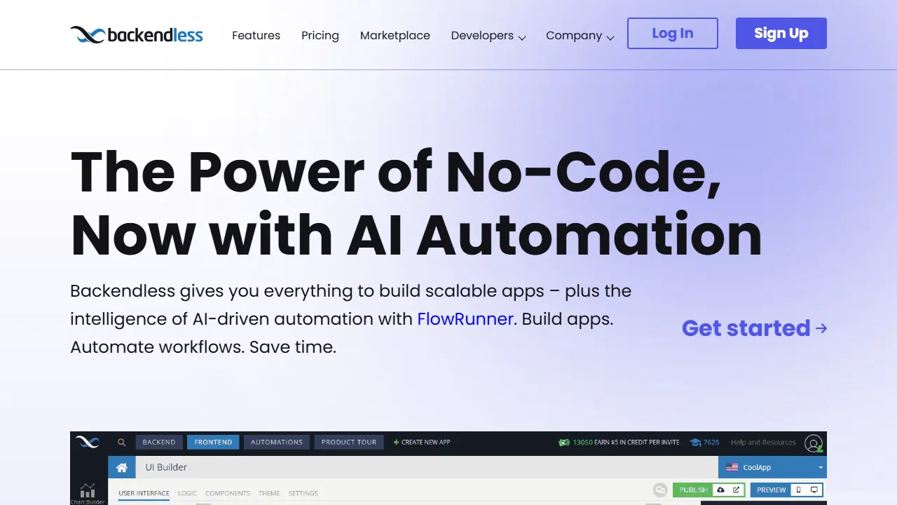 Backendless homepage, no-code AI tool