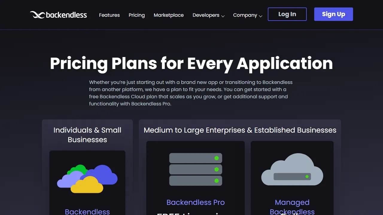 Backendless pricing page: plans and rates