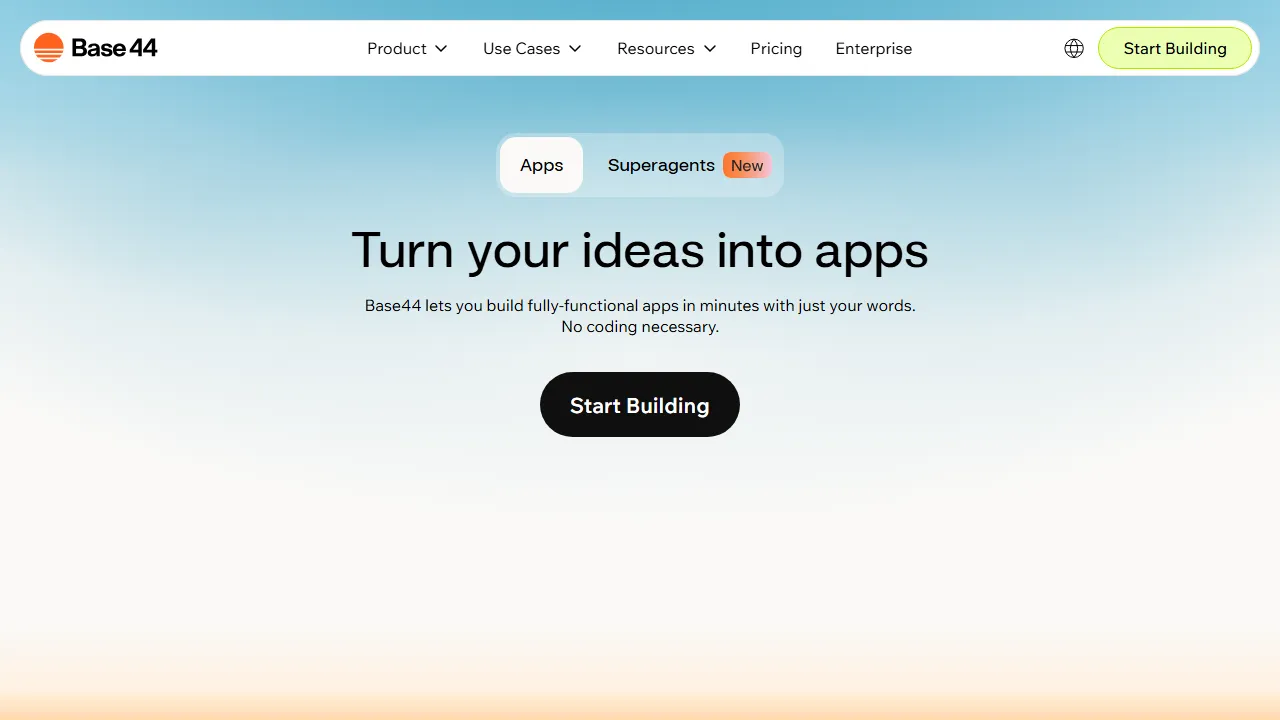 Base44 homepage, no-code AI tool