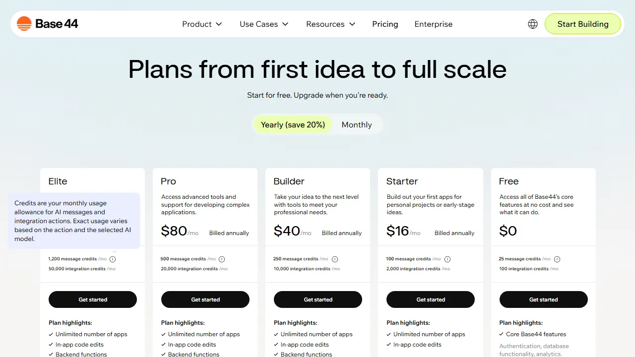 Base44 pricing page: plans and rates