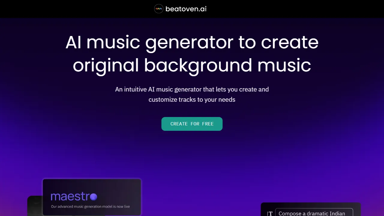Beatoven homepage, music AI tool