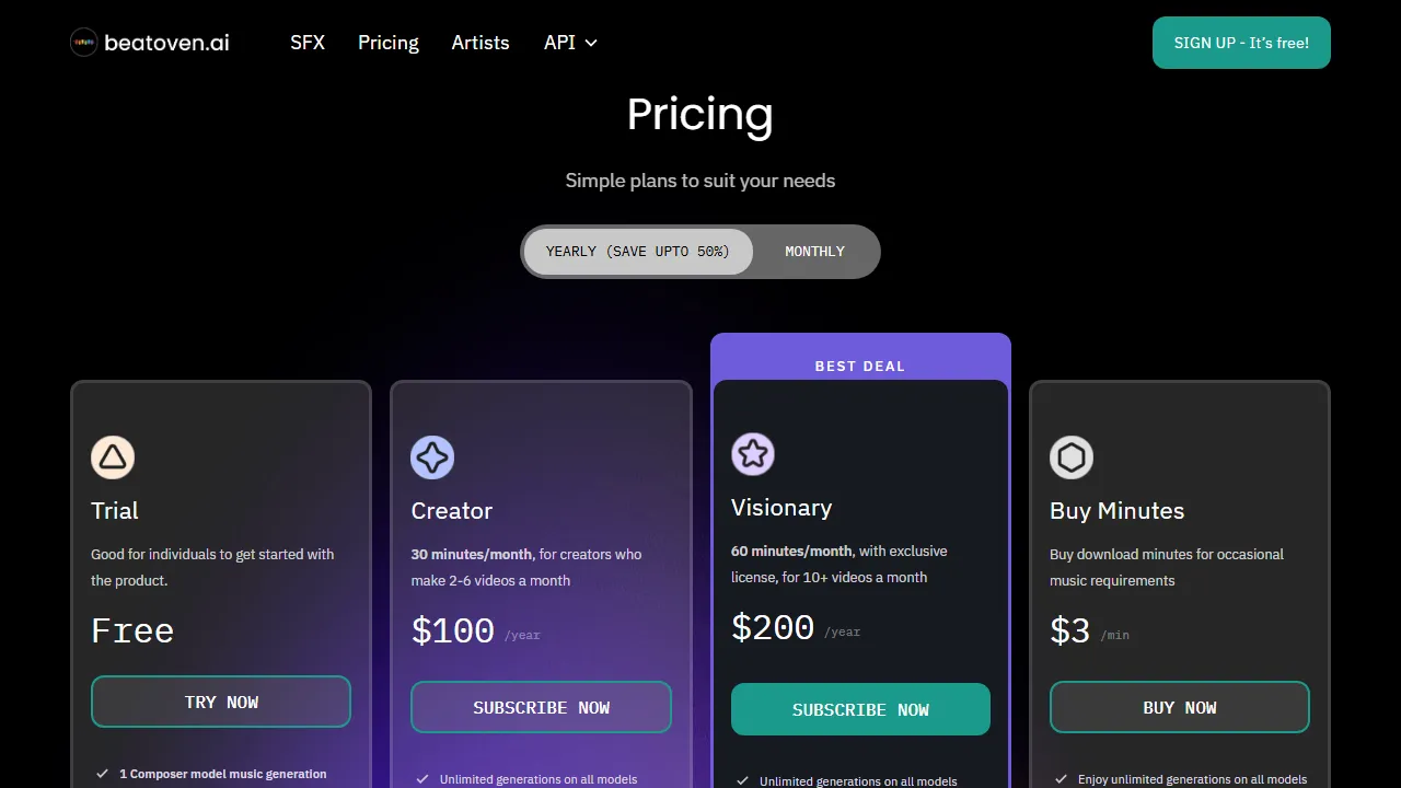 Beatoven pricing page: plans and rates